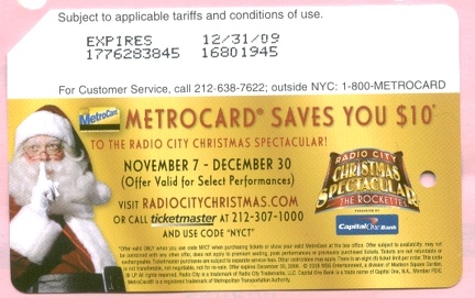 Radio City Christmas Spectacular 2008 Metrocard